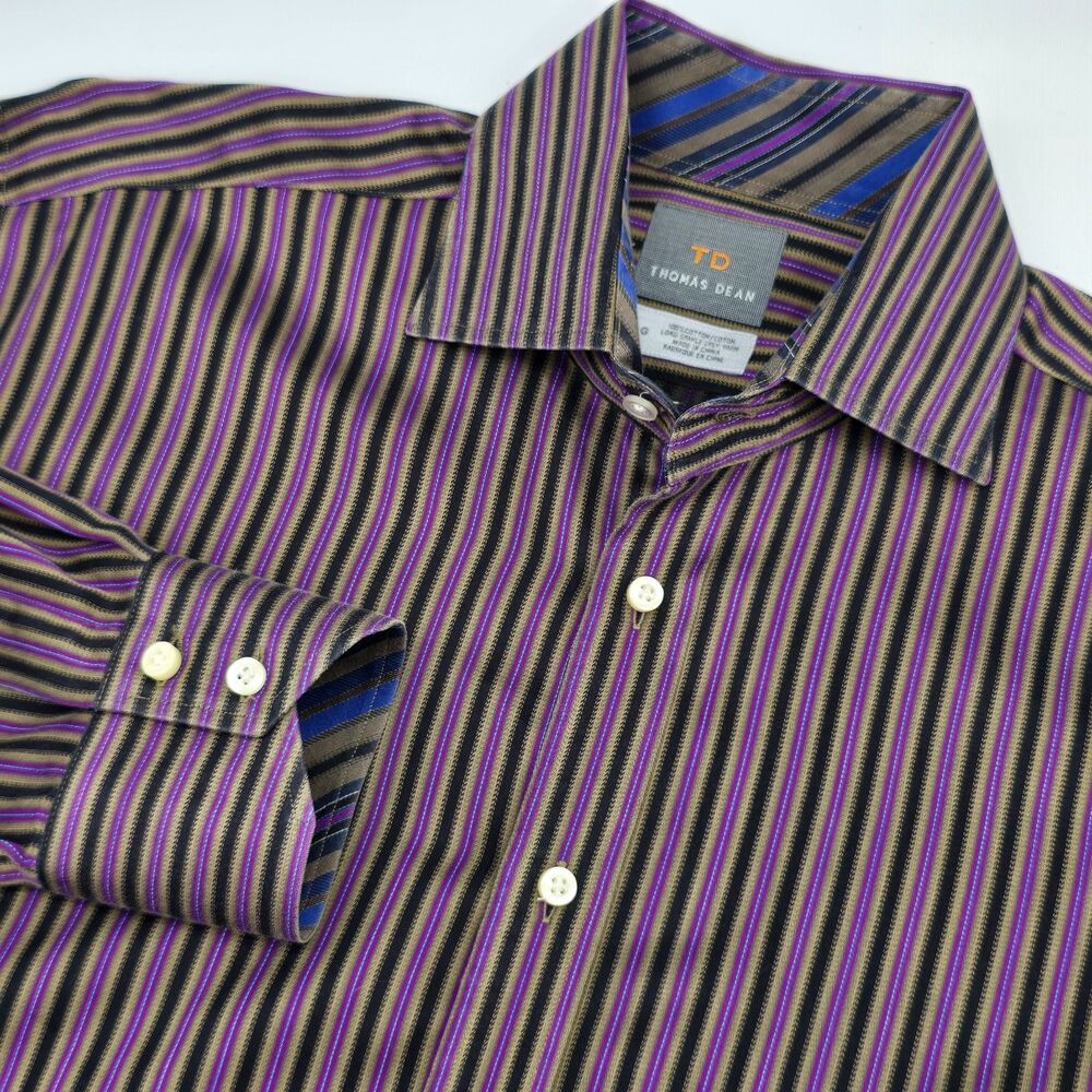 TD Thomas Dean Dress Shirt Men's LG Purple Gold Black Stripes Long Sleeve